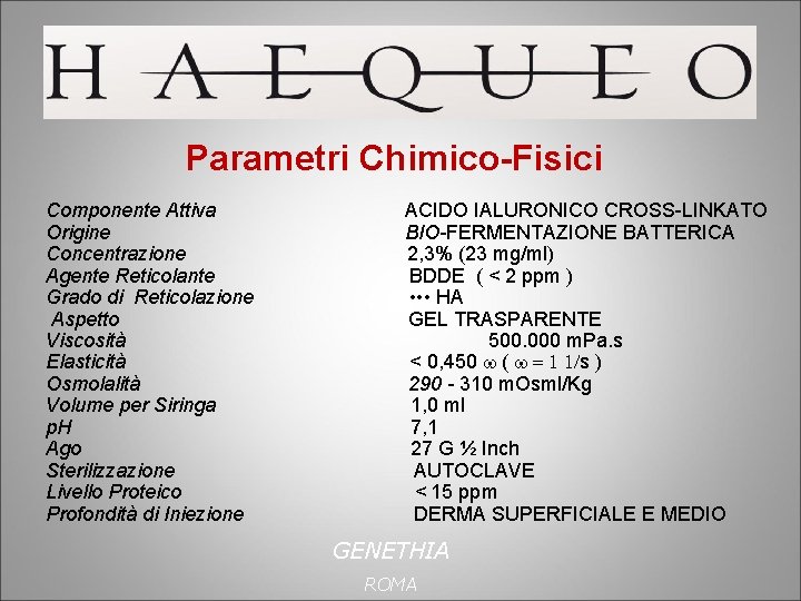 Parametri Chimico-Fisici Componente Attiva Origine Concentrazione Agente Reticolante Grado di Reticolazione Aspetto Viscosità Elasticità