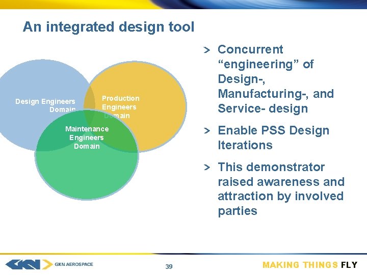 An integrated design tool Design Engineers Domain Concurrent “engineering” of Design-, Manufacturing-, and Service-