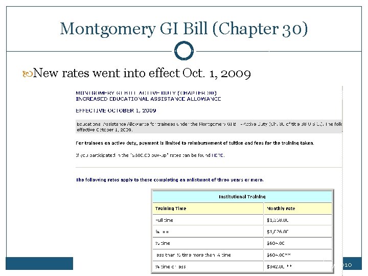 Montgomery GI Bill (Chapter 30) New rates went into effect Oct. 1, 2009 1/28/2010