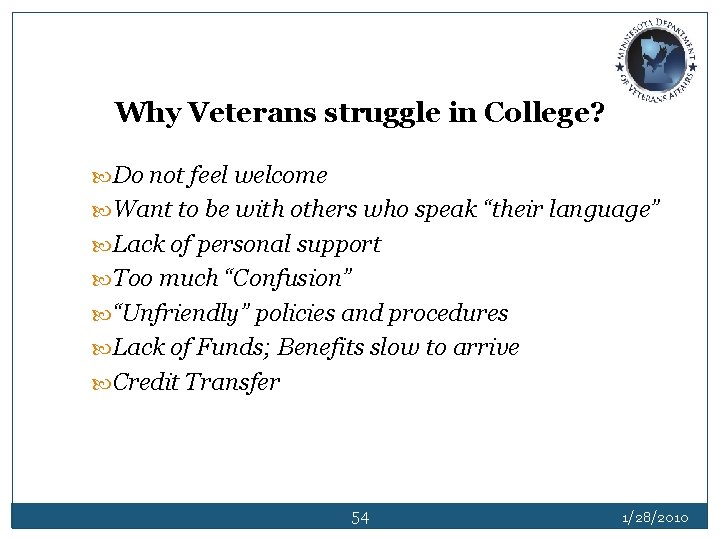 Why Veterans struggle in College? Do not feel welcome Want to be with others