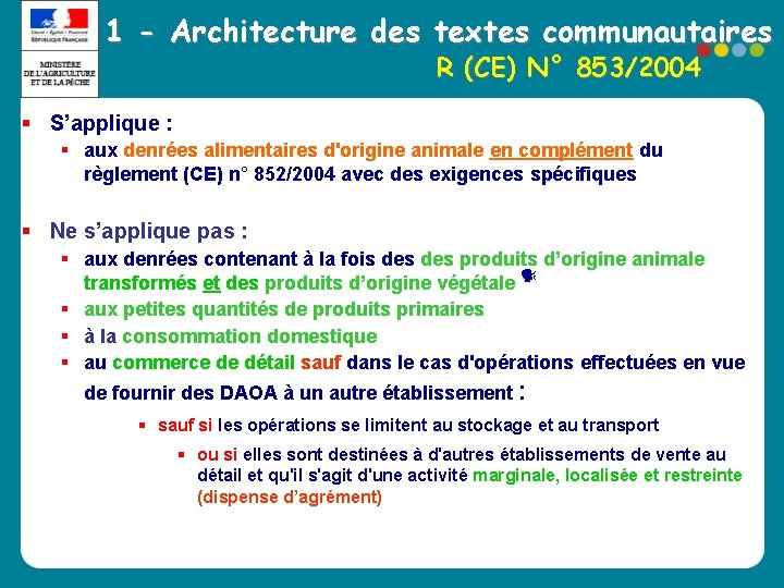 1 - Architecture des textes communautaires R (CE) N° 853/2004 § S’applique : § 1 - Architecture des textes communautaires R (CE) N° 853/2004 § S’applique : §