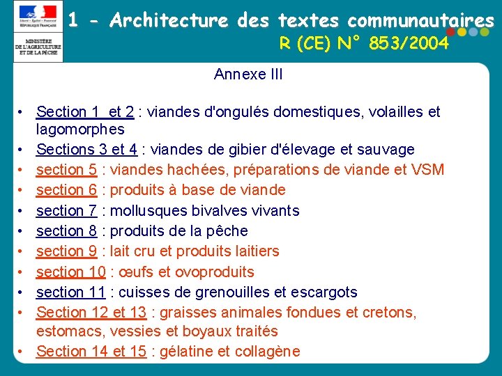 1 - Architecture des textes communautaires R (CE) N° 853/2004 Annexe III • Section 1 - Architecture des textes communautaires R (CE) N° 853/2004 Annexe III • Section