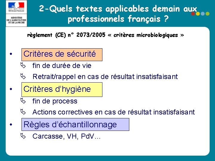 2 -Quels textes applicables demain aux professionnels français ? règlement (CE) n° 2073/2005 « 2 -Quels textes applicables demain aux professionnels français ? règlement (CE) n° 2073/2005 «
