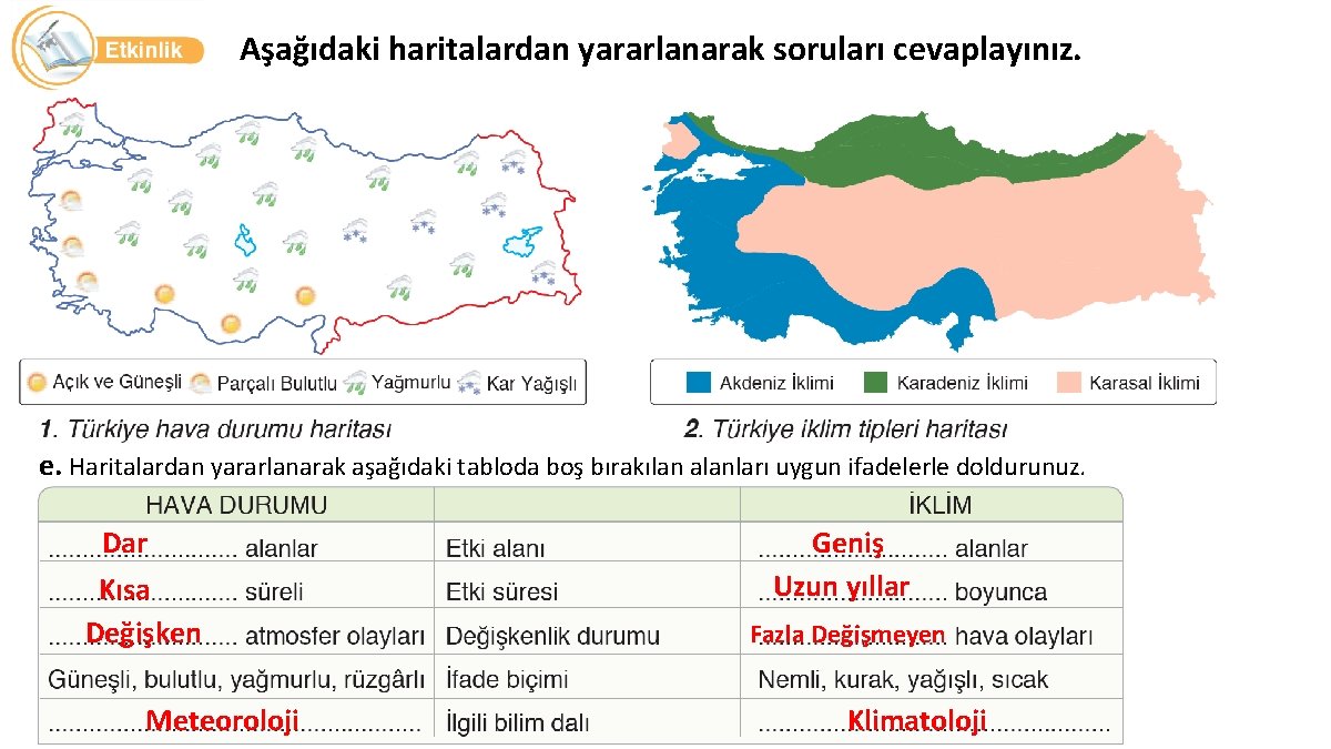 Aşağıdaki haritalardan yararlanarak soruları cevaplayınız. e. Haritalardan yararlanarak aşağıdaki tabloda boş bırakılan alanları uygun