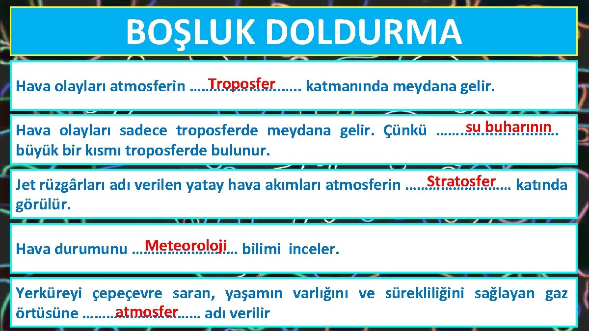 BOŞLUK DOLDURMA Troposfer Hava olayları atmosferin …………………. . katmanında meydana gelir. su buharının Hava