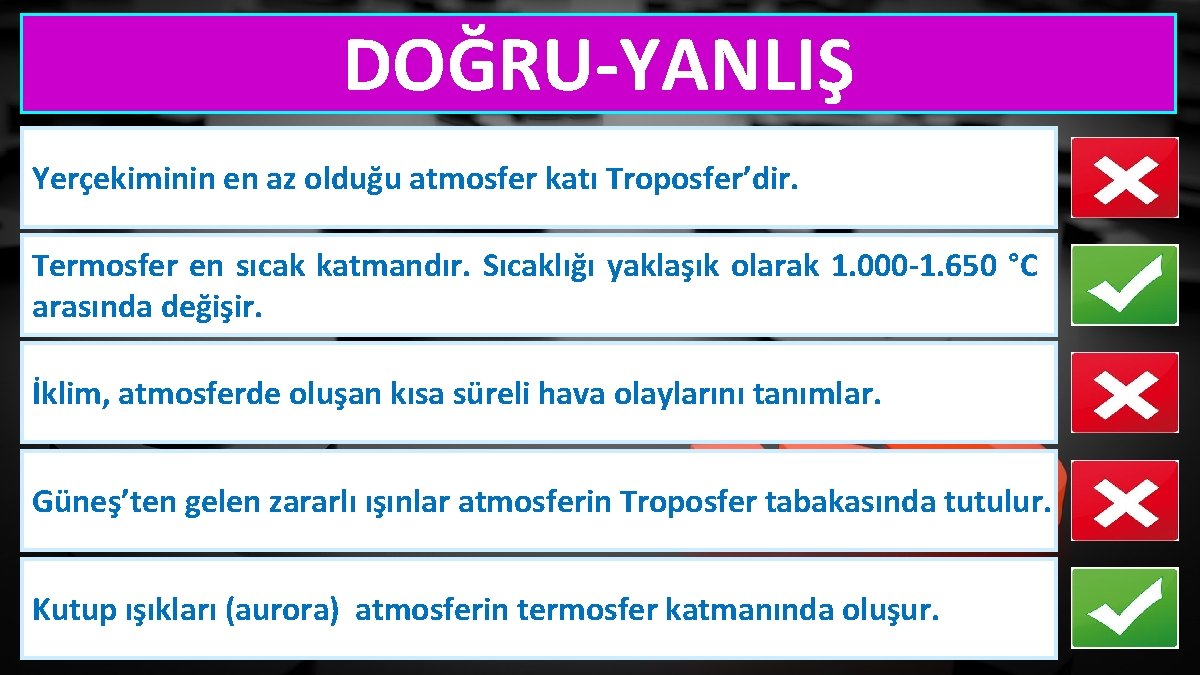 DOĞRU-YANLIŞ Yerçekiminin en az olduğu atmosfer katı Troposfer’dir. Termosfer en sıcak katmandır. Sıcaklığı yaklaşık