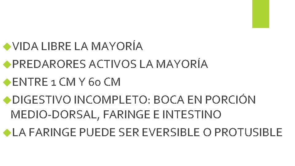  VIDA LIBRE LA MAYORÍA PREDARORES ACTIVOS LA MAYORÍA ENTRE 1 CM Y 60