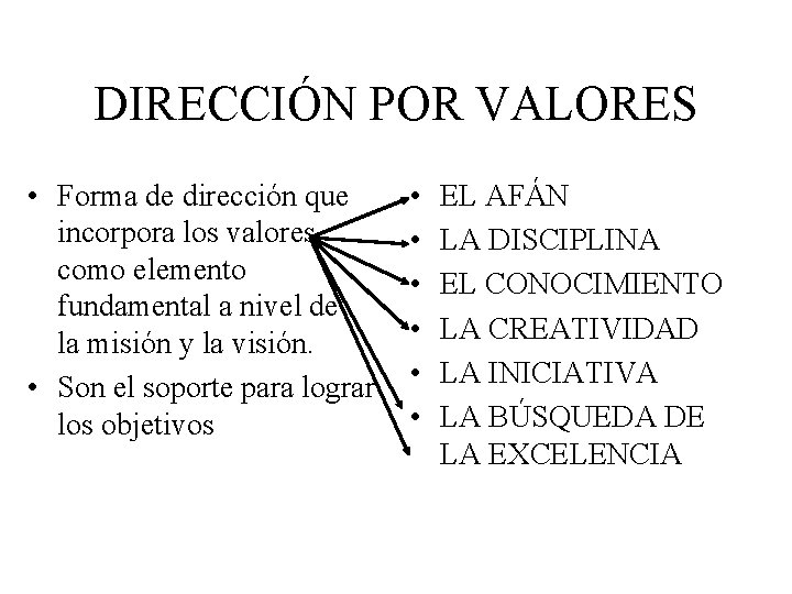 DIRECCIÓN POR VALORES • Forma de dirección que incorpora los valores como elemento fundamental DIRECCIÓN POR VALORES • Forma de dirección que incorpora los valores como elemento fundamental