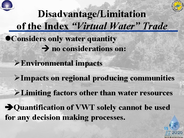 Disadvantage/Limitation of the Index “Virtual Water” Trade l. Considers only water quantity no considerations Disadvantage/Limitation of the Index “Virtual Water” Trade l. Considers only water quantity no considerations