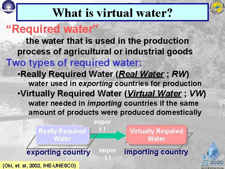 What is virtual water? “Required water” …the water that is used in the production What is virtual water? “Required water” …the water that is used in the production