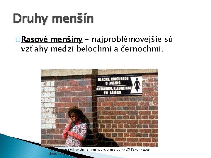 Druhy menšín � Rasové menšiny – najproblémovejšie sú vzťahy medzi belochmi a černochmi. http: