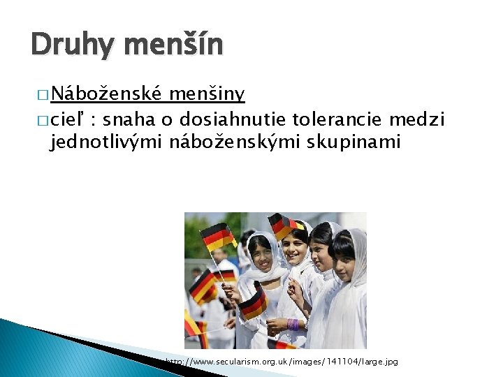 Druhy menšín � Náboženské menšiny � cieľ : snaha o dosiahnutie tolerancie medzi jednotlivými