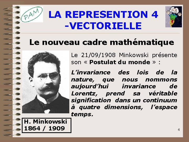 LA REPRESENTION 4 -VECTORIELLE Le nouveau cadre mathématique Le 21/09/1908 Minkowski présente son « LA REPRESENTION 4 -VECTORIELLE Le nouveau cadre mathématique Le 21/09/1908 Minkowski présente son «