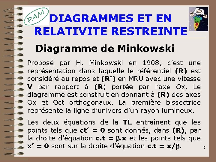 DIAGRAMMES ET EN RELATIVITE RESTREINTE Diagramme de Minkowski Proposé par H. Minkowski en 1908, DIAGRAMMES ET EN RELATIVITE RESTREINTE Diagramme de Minkowski Proposé par H. Minkowski en 1908,