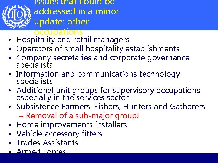 Issues that could be addressed in a minor update: other occupations • Hospitality and