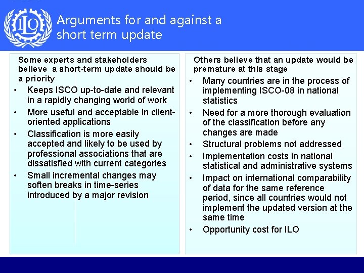 Arguments for and against a short term update Some experts and stakeholders believe a