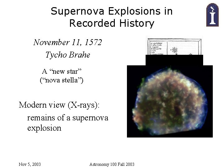 Supernova Explosions in Recorded History November 11, 1572 Tycho Brahe A “new star” (“nova