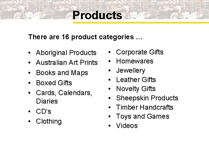 Products There are 16 product categories … • • • Aboriginal Products Australian Art