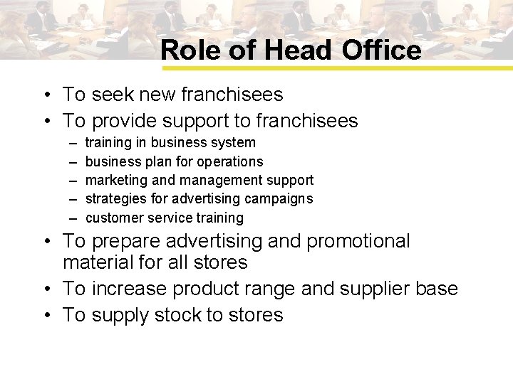 Role of Head Office • To seek new franchisees • To provide support to