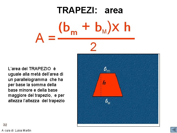 TRAPEZI: area A= (bm + b )x h L’area del TRAPEZIO è uguale alla