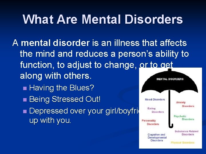 What Are Mental Disorders A mental disorder is an illness that affects the mind