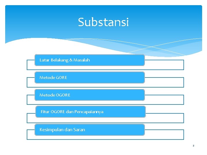 Substansi Latar Belakang & Masalah Metode GORE Metode OGORE Fitur OGORE dan Pencapaiannya Kesimpulan Substansi Latar Belakang & Masalah Metode GORE Metode OGORE Fitur OGORE dan Pencapaiannya Kesimpulan