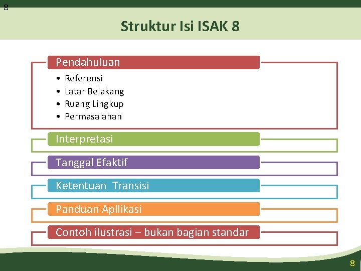 8 Struktur Isi ISAK 8 Pendahuluan • • Referensi Latar Belakang Ruang Lingkup Permasalahan