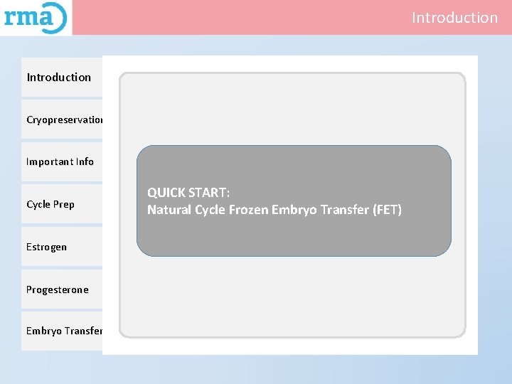 Introduction Cryopreservation Important Info Cycle Prep Estrogen Progesterone Embryo Transfer QUICK START: Natural Cycle