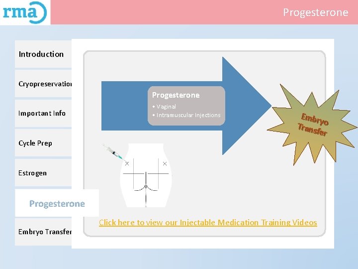 Progesterone Introduction Cryopreservation Progesterone Important Info Cycle Prep • Vaginal • Intramuscular Injections Embr
