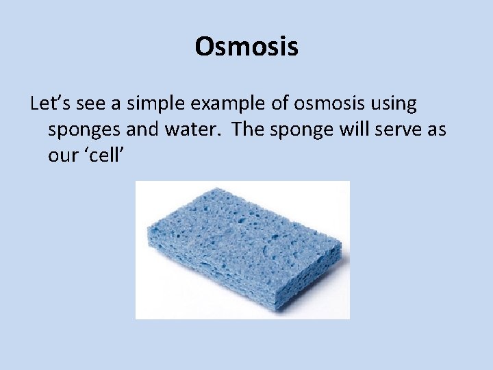 Osmosis Let’s see a simple example of osmosis using sponges and water. The sponge