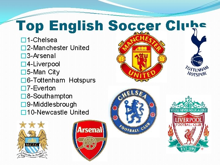 Top English Soccer Clubs � 1 -Chelsea � 2 -Manchester United � 3 -Arsenal