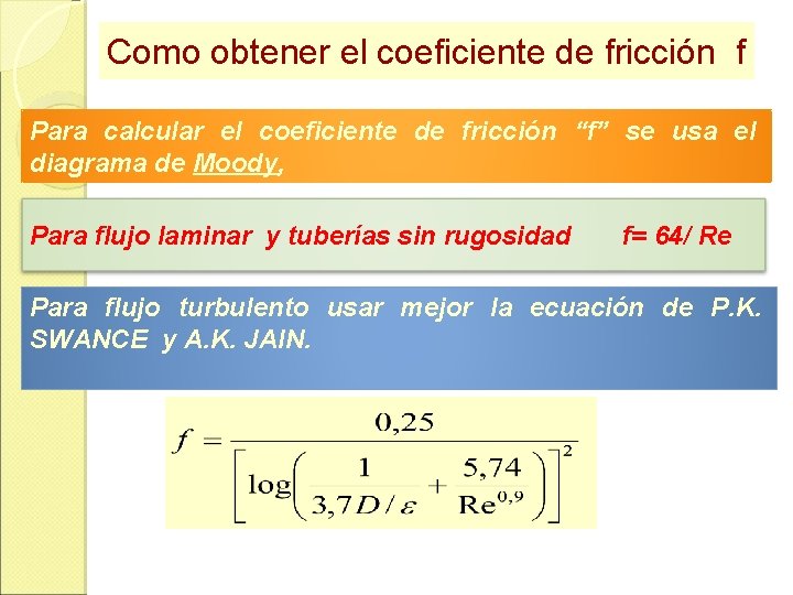Como obtener el coeficiente de fricción f Para calcular el coeficiente de fricción “f” Como obtener el coeficiente de fricción f Para calcular el coeficiente de fricción “f”