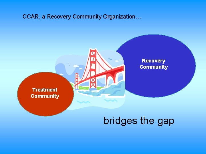 CCAR, a Recovery Community Organization… Recovery Community Treatment Community bridges the gap 