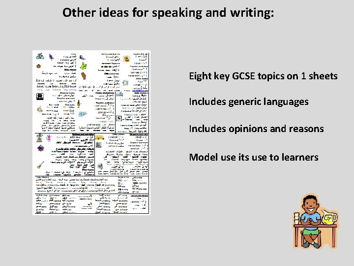 Other ideas for speaking and writing: Eight key GCSE topics on 1 sheets Includes