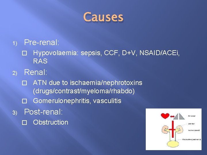Causes 1) Pre-renal: � 2) Hypovolaemia: sepsis, CCF, D+V, NSAID/ACEi, RAS Renal: ATN due
