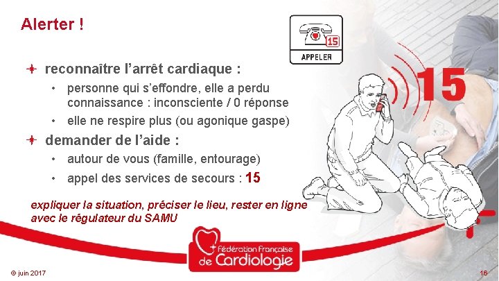 Alerter ! reconnaître l’arrêt cardiaque : • personne qui s’effondre, elle a perdu connaissance
