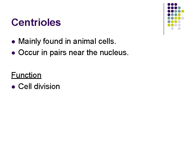 Centrioles l l Mainly found in animal cells. Occur in pairs near the nucleus.