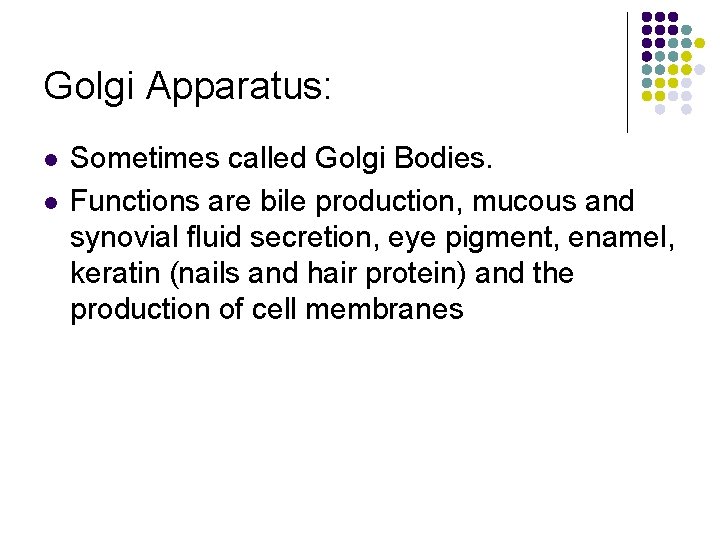 Golgi Apparatus: l l Sometimes called Golgi Bodies. Functions are bile production, mucous and