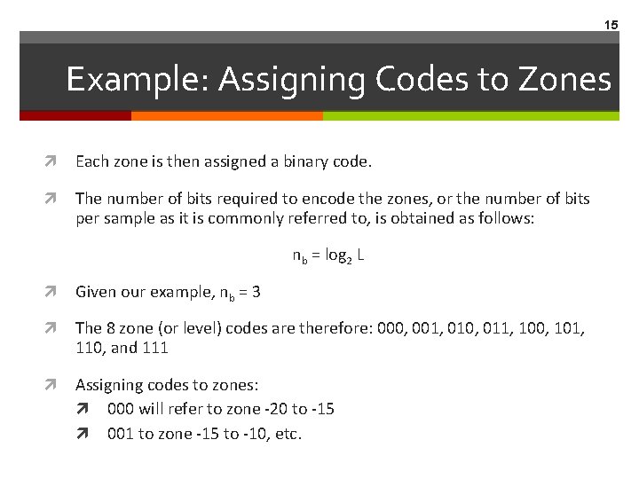 15 Example: Assigning Codes to Zones Each zone is then assigned a binary code.