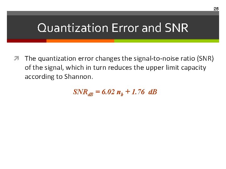 25 Quantization Error and SNR The quantization error changes the signal-to-noise ratio (SNR) of