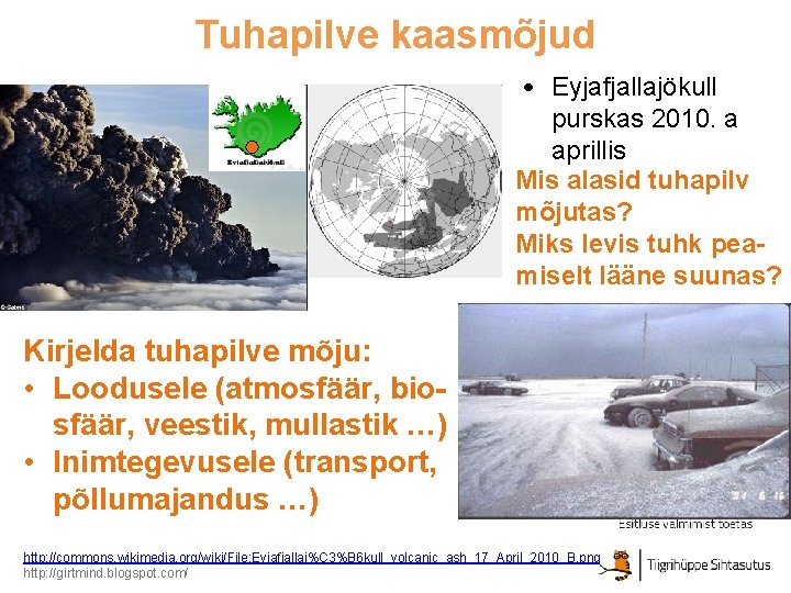 Tuhapilve kaasmõjud • Eyjafjallajökull purskas 2010. a aprillis Mis alasid tuhapilv mõjutas? Miks levis Tuhapilve kaasmõjud • Eyjafjallajökull purskas 2010. a aprillis Mis alasid tuhapilv mõjutas? Miks levis
