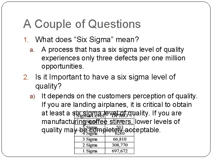 A Couple of Questions 1. What does “Six Sigma” mean? a. A process that