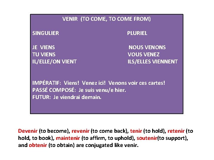 VENIR (TO COME, TO COME FROM) SINGULIER PLURIEL JE VIENS TU VIENS IL/ELLE/ON VIENT