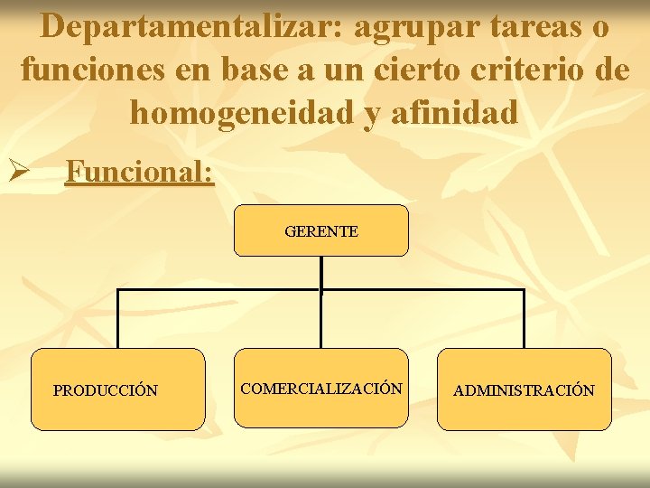 Departamentalizar: agrupar tareas o funciones en base a un cierto criterio de homogeneidad y Departamentalizar: agrupar tareas o funciones en base a un cierto criterio de homogeneidad y