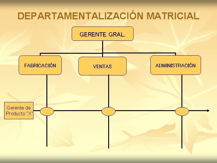 DEPARTAMENTALIZACIÓN MATRICIAL GERENTE GRAL. FABRICACIÓN Gerente de Producto “X” VENTAS ADMINISTRACIÓN DEPARTAMENTALIZACIÓN MATRICIAL GERENTE GRAL. FABRICACIÓN Gerente de Producto “X” VENTAS ADMINISTRACIÓN