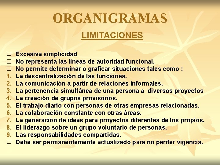 ORGANIGRAMAS LIMITACIONES q q q 1. 2. 3. 4. 5. 6. 7. 8. 9. ORGANIGRAMAS LIMITACIONES q q q 1. 2. 3. 4. 5. 6. 7. 8. 9.