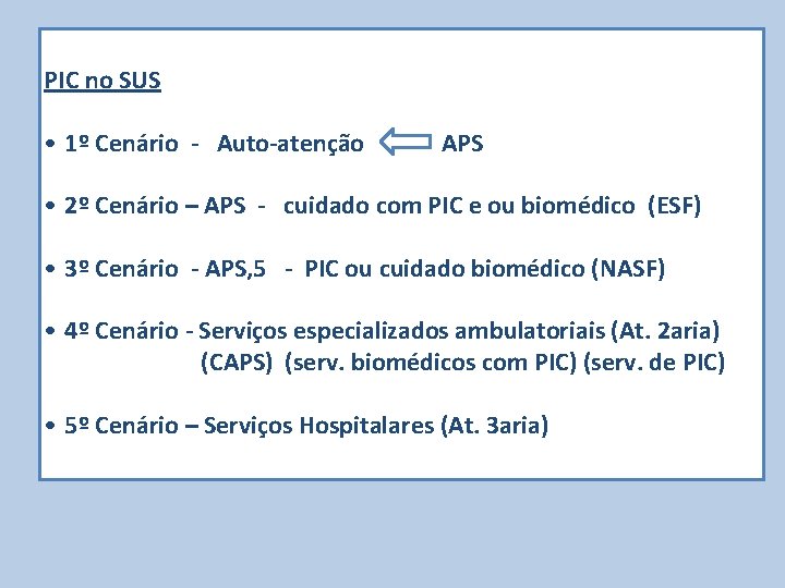 PIC no SUS • 1º Cenário - Auto-atenção APS • 2º Cenário – APS