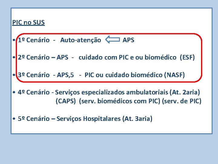 PIC no SUS • 1º Cenário - Auto-atenção APS • 2º Cenário – APS