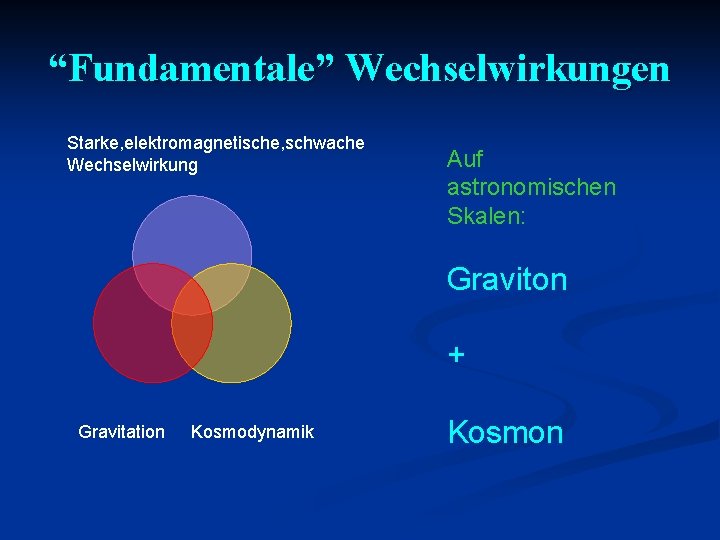 “Fundamentale” Wechselwirkungen Starke, elektromagnetische, schwache Wechselwirkung Auf astronomischen Skalen: Graviton + Gravitation Kosmodynamik Kosmon