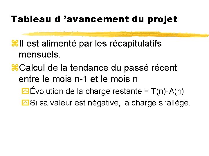 Tableau d ’avancement du projet z. Il est alimenté par les récapitulatifs mensuels. z.